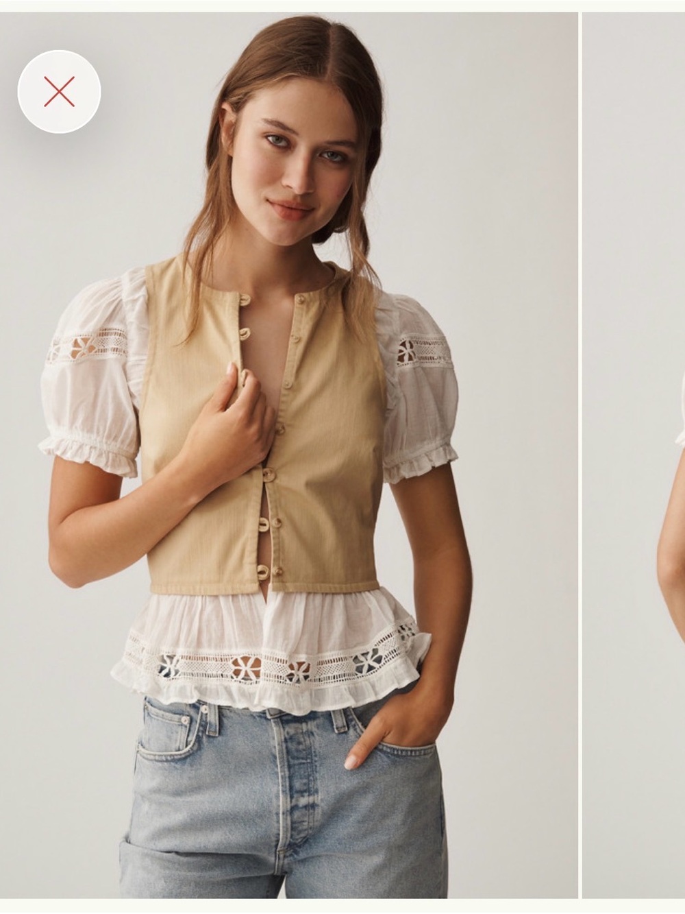 Anthropologie Camel Tan Button-Front Vest with White Eyelet Top
